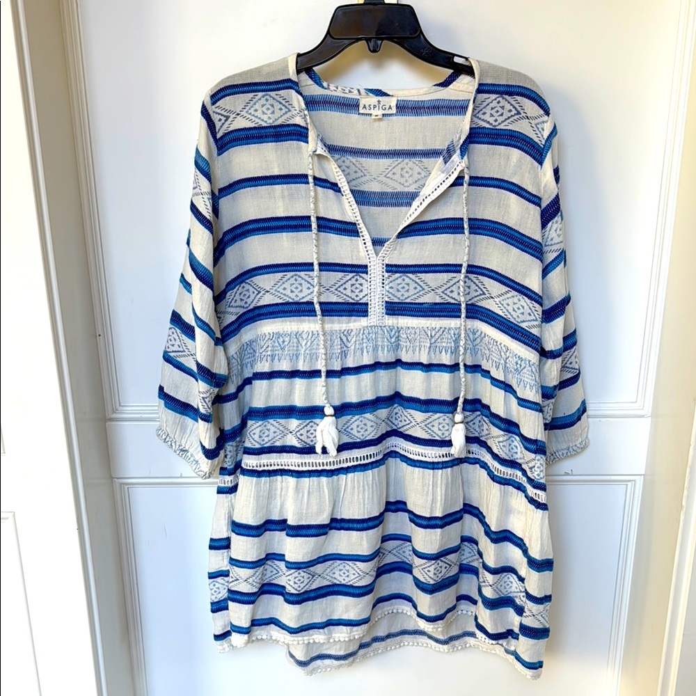 ASPIGA Sophia Cotton Kaftan Mini Dress Blue White Color Womens Size Medium